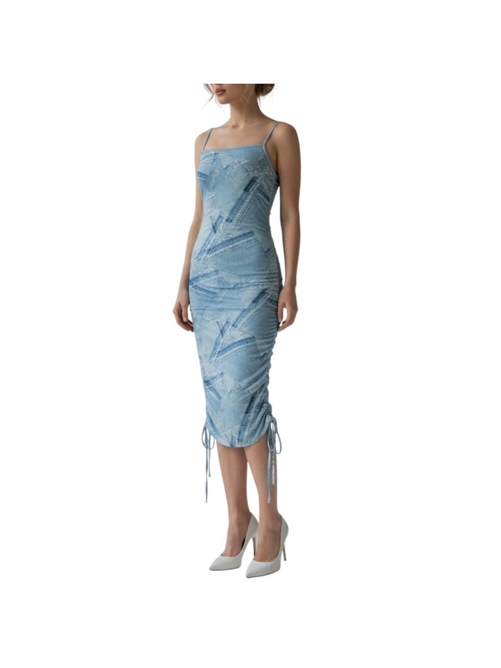Good American Denim Print Stretch Midi Dress Ruched Coquette Size 1 - Picture 1 of 15